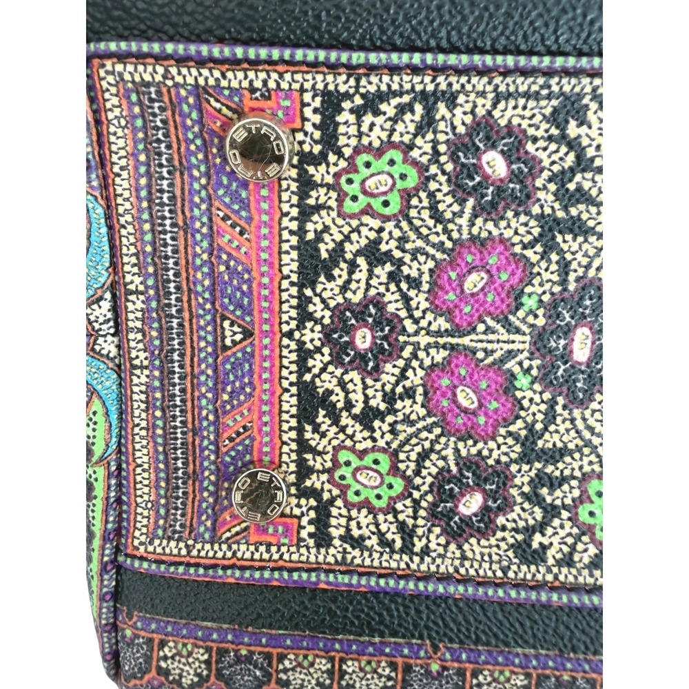 Etro Milano Paisley Print Coated Canvas Tote Bag Black + Wristlet Leather Trim - Picture 7 of 16